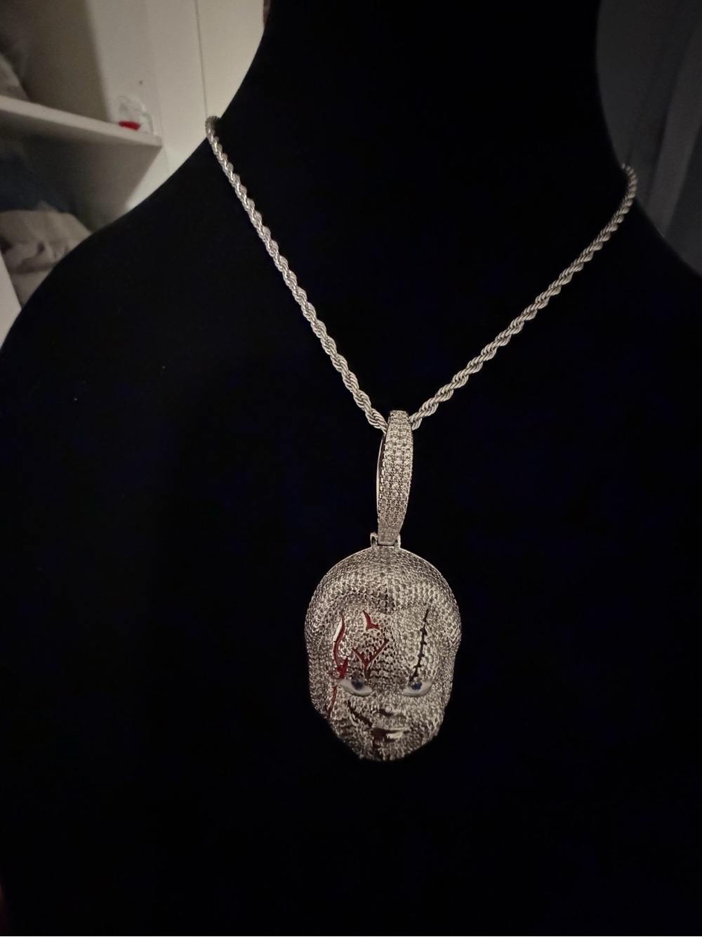 14K White Gold Plated Chucky Pendant with 24” Rope Chain – Iced Out